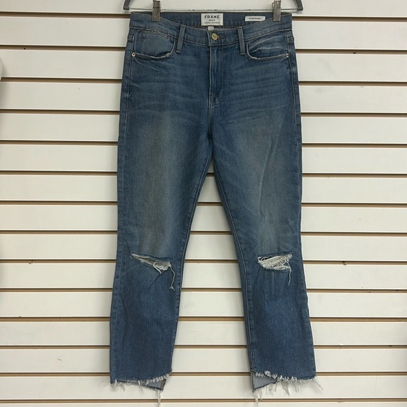FRAME Le High Straight Jeans Distressed Raw Hem Arrington Wash, Size 28‎ - Picture 1 of 14